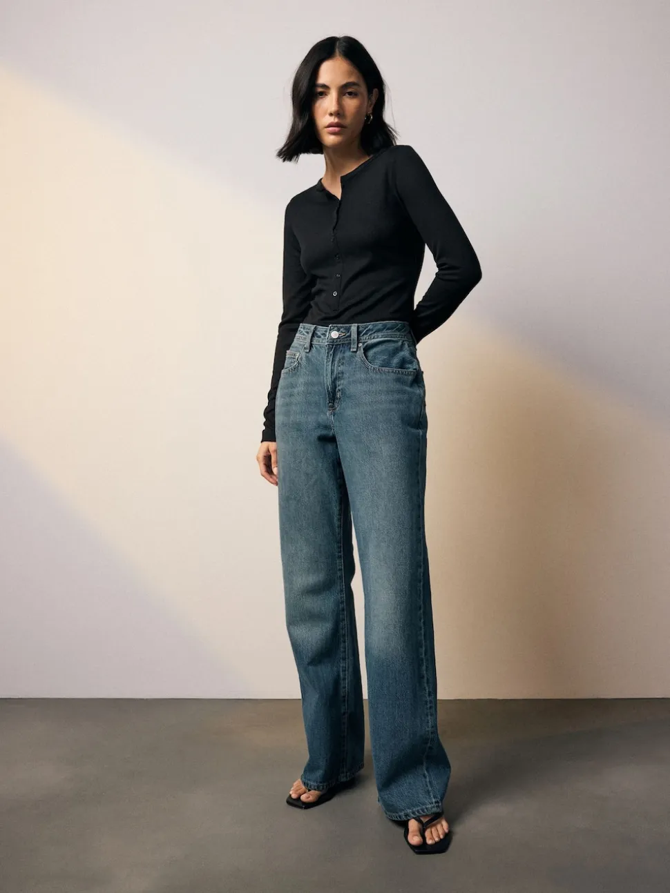 Zwart - Geribbelde Henley-bodysuit met lange mouwen