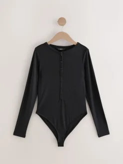 Zwart - Geribbelde Henley-bodysuit met lange mouwen