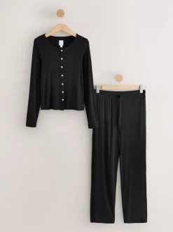 Zwart - Geribbelde pyjama met lange mouwen