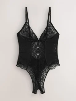 Zwart - Glamour Crotchless Bodysuit