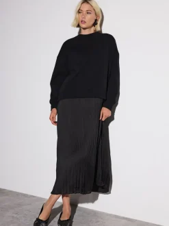 Zwart - 2-In-1 Sweatshirt met Satijnen Midi Rok