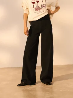 Zwart - Jersey denim broek met wijde pijpen