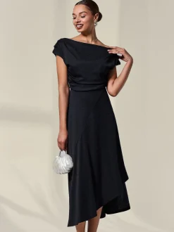 Zwart - Jolie Moi Asymmetric Draped Midi Dress