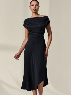 Zwart - Jolie Moi Asymmetric Draped Midi Dress