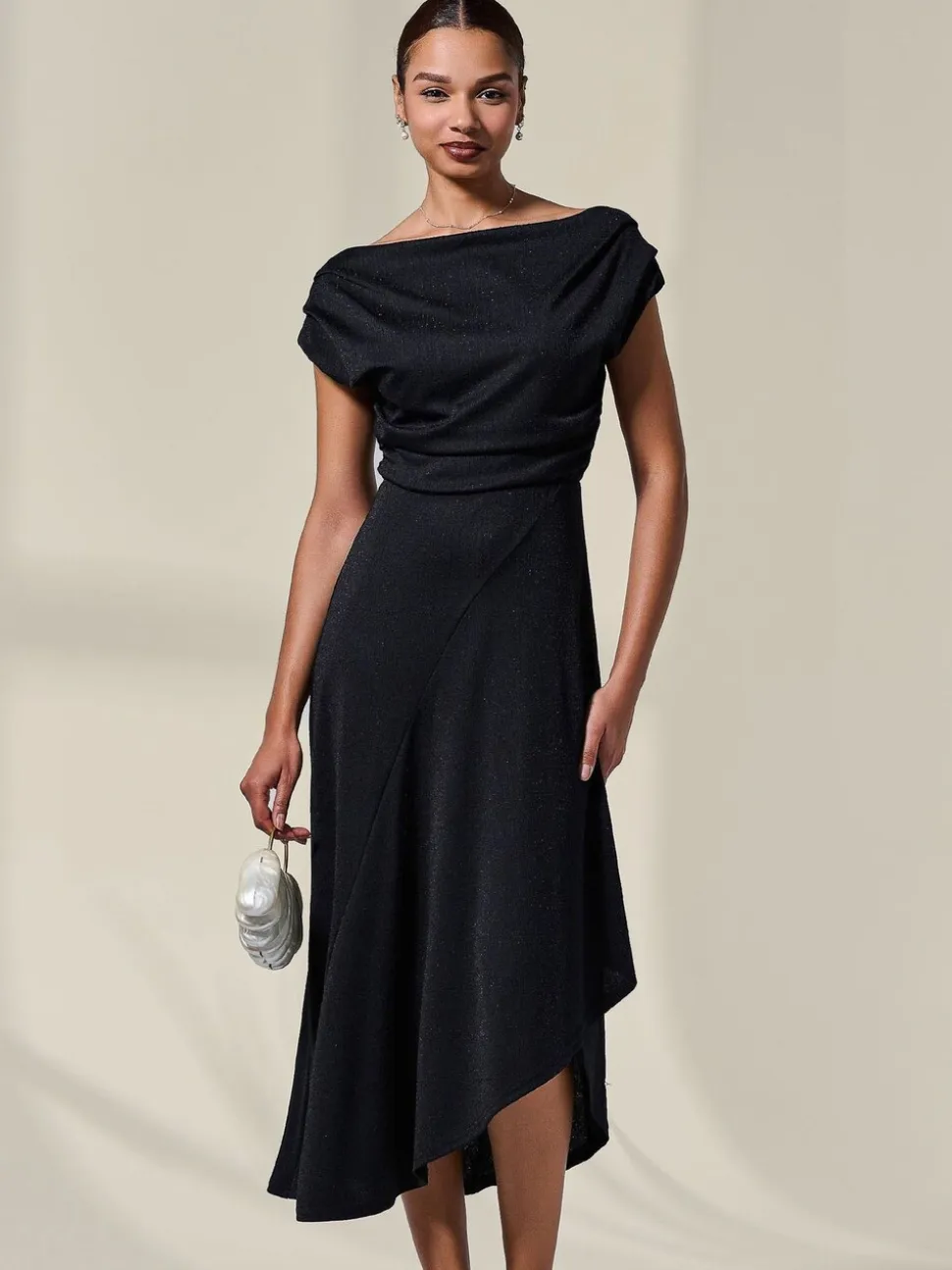 Zwart - Jolie Moi Asymmetric Draped Midi Dress