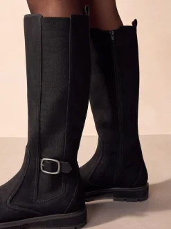 Zwart - Kniehoge Chelsea Boots met gesp