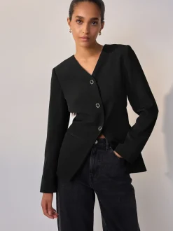 Zwart - Kraagloze V-hals blazer
