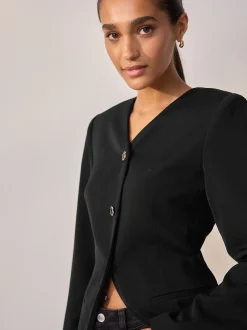 Zwart - Kraagloze V-hals blazer
