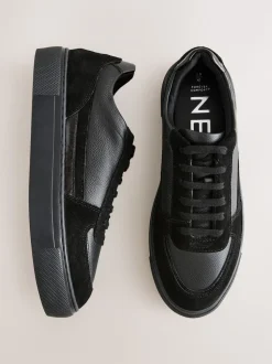 Zwart - Leather Chunky Panel Detail Lace Up Trainers