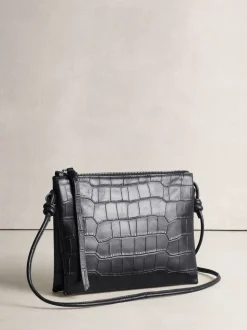 Zwart - Leather Croc Cross-Body Bag