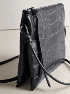 Zwart - Leather Croc Cross-Body Bag