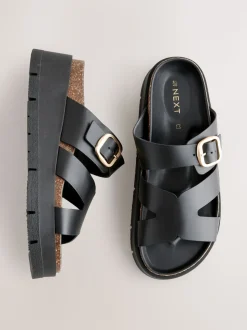 Zwart - Leren sandalen met bandjes en gespdetail