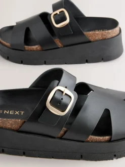 Zwart - Leren sandalen met bandjes en gespdetail