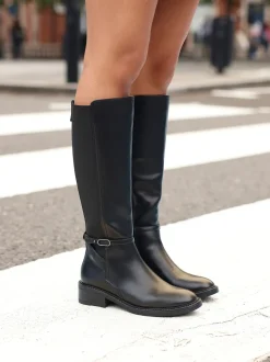 Zwart - Linzi Power High Leg Boots With Stretch Side Panel and Buckle Detail