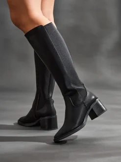 Zwart - Linzi Reason Block Heel High Leg Boots With Back Stretch Panel
