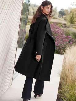 Zwart - Lipsy asymmetrische jas met trechterhals en riem
