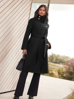 Zwart - Lipsy asymmetrische jas met trechterhals en riem