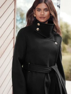 Zwart - Lipsy asymmetrische jas met trechterhals en riem