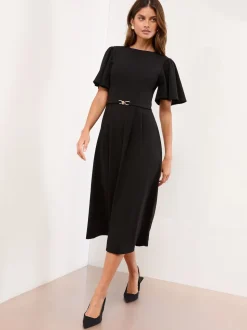 Zwart - Lipsy Crew Neck Short Sleeve Fit and Flare Midi Dress with Gold Trim Belt