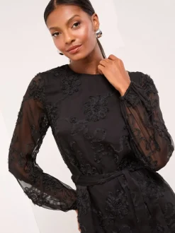 Zwart - Lipsy 3D Lace Long Sleeve Mini Dress