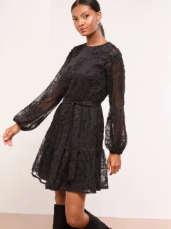 Zwart - Lipsy 3D Lace Long Sleeve Mini Dress