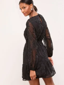 Zwart - Lipsy 3D Lace Long Sleeve Mini Dress
