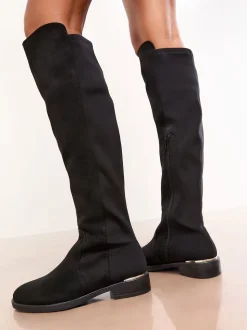 Zwart - Lipsy Faux Suede Elasticated Flat Knee High Casual Boots