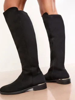 Zwart - Lipsy Faux Suede Elasticated Flat Knee High Casual Boots
