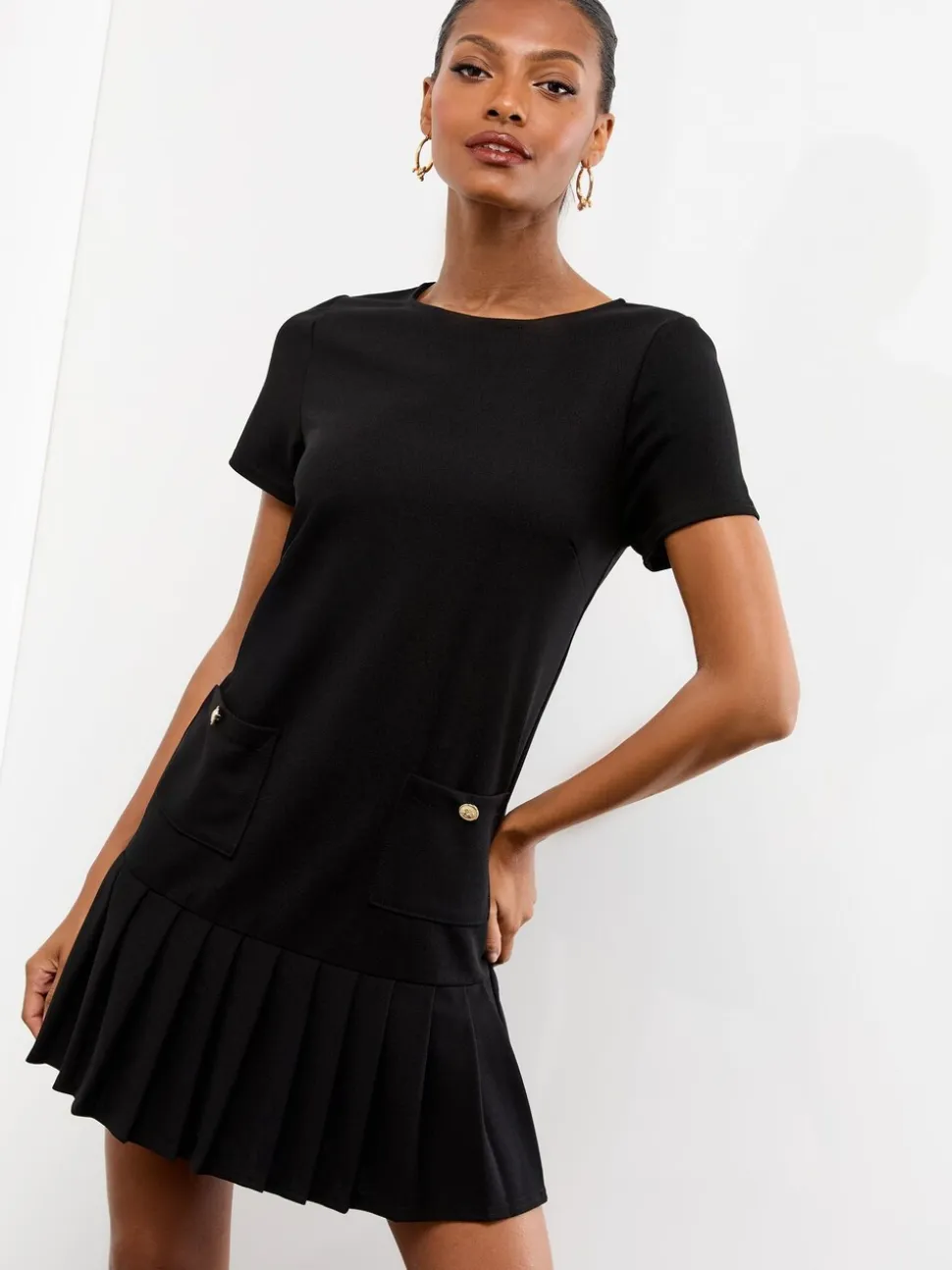 Zwart - Lipsy Military Button Pleated Mini Shift Dress