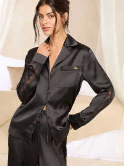 Zwart - Lipsy satijnen pyjamaset met lange mouwen en kanten details