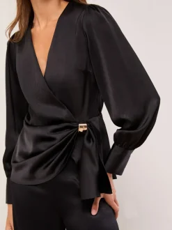 Zwart - Lipsy Satin Hardware Detail Wrap Top