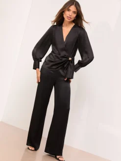 Zwart - Lipsy Satin Hardware Detail Wrap Top