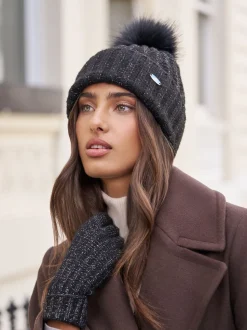 Zwart - Lipsy Shimmer Ribbed Pom Hat