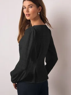 Zwart - Long Sleeve Boatneck Textured Button-Front Blouse