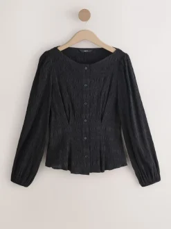 Zwart - Long Sleeve Boatneck Textured Button-Front Blouse