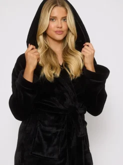 Zwart - Loungeable Christmas Ribbon Trim Luxury Fleece Hooded Maxi Robe