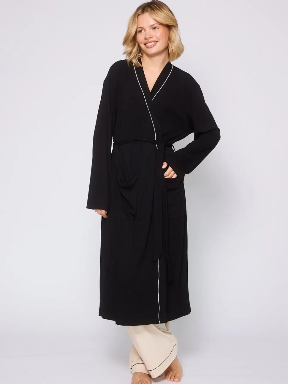 Zwart - Loungeable Rib Kimono Dressing Gown