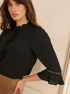 Zwart - Love & Roses 3/4 blouse met uitlopende mouwen