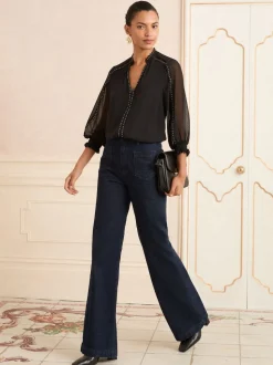Zwart - Love & Roses blouse met V-hals en hardware met 3/4 mouwen
