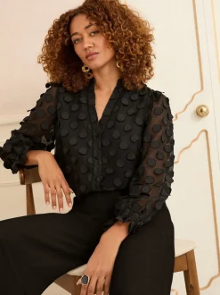 Zwart - Love & Roses 3D blouse met lange mouwen en stippen