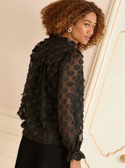 Zwart - Love & Roses 3D blouse met lange mouwen en stippen