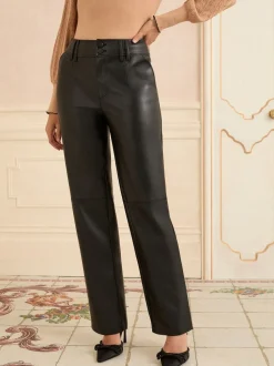 Zwart - Love & Roses Effect Faux Leather Straight Leg Trousers