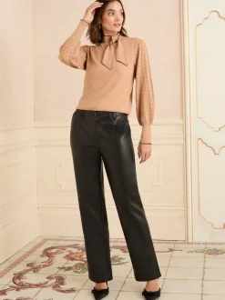 Zwart - Love & Roses Effect Faux Leather Straight Leg Trousers