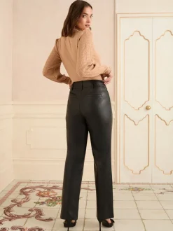 Zwart - Love & Roses Effect Faux Leather Straight Leg Trousers