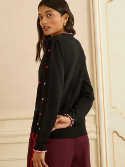 Zwart - Love & Roses Embroidered Detail Knitted Jumper