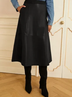 Zwart - Love & Roses Fit en Flare imitatieleren midi-jurk
