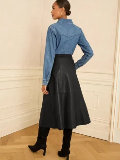Zwart - Love & Roses Fit en Flare imitatieleren midi-jurk