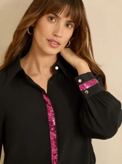 Zwart - Love & Roses overhemd met lange mouwen, knoopsluiting en paillettenrand