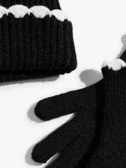 Zwart - Love & Roses Scallop Trim Ribbed Pom Hat and Gloves Set