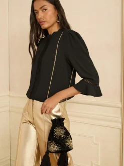 Zwart - Love & Roses Velvet Sequin Embellished Pouch Bag